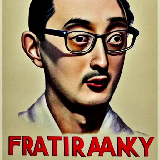 Image similar to A 1950s Colorized Style Poster of Filthy Frank, grainy, realistic, hyperrealistic, very realistic, very very realistic, highly detailed, very detailed, extremely detailed, detailed, digital art, trending on artstation, detailed face, very detailed face, very detailed face, realism, HD Quality, 8k resolution, intricate details, body and head in frame, drawing, inked drawing, poster drawing, neat drawing, 1950s, 50s, in the style of Frank Hampson, in the style of Frank Bellamy, in the style of Dave Gibbons, in the style of Don Lawrence, in the style of Wally Wood, Colorized, 1950s Poster