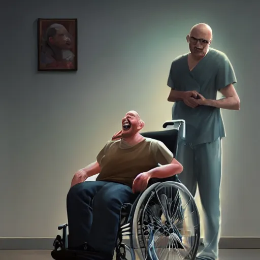 Prompt: a male patient in a wheelchair in the hospital with his wife and son standing by. happy, cheerful, smiling, intricate, sharp focus, artstation, cinematic lighting, 8 k, art by greg rutkowski