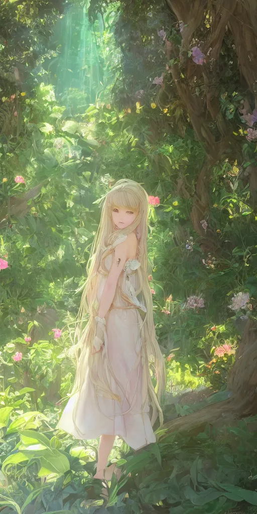 Prompt: a digital art of a loli with long hair in a dress in the privet garden at after noon, green and warm theme, back lighting, by krenz cushart and mucha and akihito yoshida and greg rutkowski and makoto shinkai, extremely long shot, detailed eyes, 4 k resolution, trending on art station