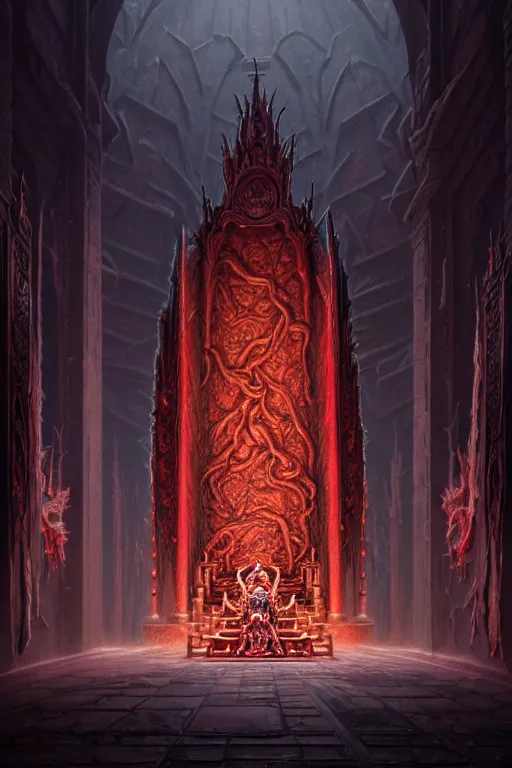 Image similar to a highly detailed matte painting of abominations kneeling inside an expansive throne room with an enormous throne made of writhing flesh and entrails by studio ghibli, makoto shinkai, by artgerm, by wlop, by greg rutkowski, red tones, volumetric lighting, octane render, 4 k resolution, trending on artstation, masterpiece