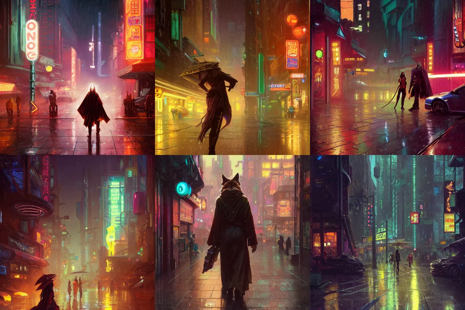 Prompt: female anthropomorphic coyote wearing Jedi robes in a cyberpunk city at night while it rains. Neon light. Renowned character illustration by greg rutkowski, thomas kindkade, alphonse mucha, loish, norman rockwell. Trending on Artstation.