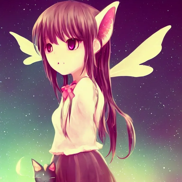 Image similar to cute, full body, female, anime style, a cat girl with fairy wings, large eyes, beautiful lighting, sharp focus, simple background, creative, heart effects, filters applied, illustration