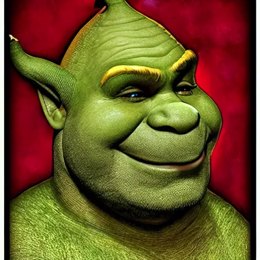 Image similar to shrek from shrek with long lush golden hair attractive muscular stylish knight in shining golden armor with long lush golden hair a strong jaw and attractive green eyes shrek is riding on top of a red dragon, fantasy art, hyper detailed, extremely complex, hyper realistic, similar to the mona lisa, art by leonardo devinci