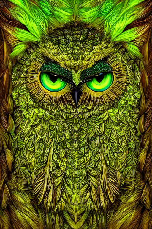 Image similar to a green moss owl, symmetrical, highly detailed, digital art, sharp focus, amber eyes, ferns, trending on art station