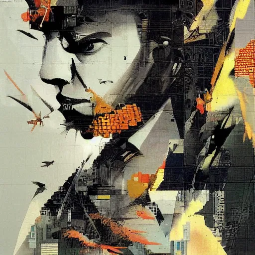 Image similar to the progressive rasterization of a bird from mechanical being to pixels, oil on canvas by dave mckean and yoji shinkawa and ivan shishkin