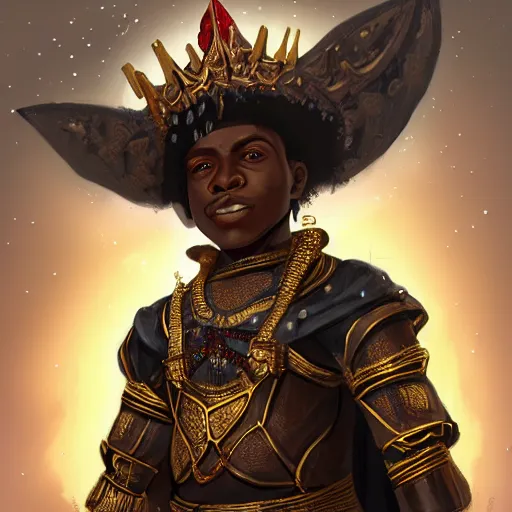 Prompt: a young black boy dressed like an african moorish warrior, wearing golden armor and a crown with a ruby and a black diamond in his forehead, posing with a very ornate glowing electric spear!!!!!!!!, skyrim character digital illustration portrait design, by noah bradley and Simon Stalenhag in a dark fantasy style, dramatic lighting, hero pose, wide angle dynamic portrait