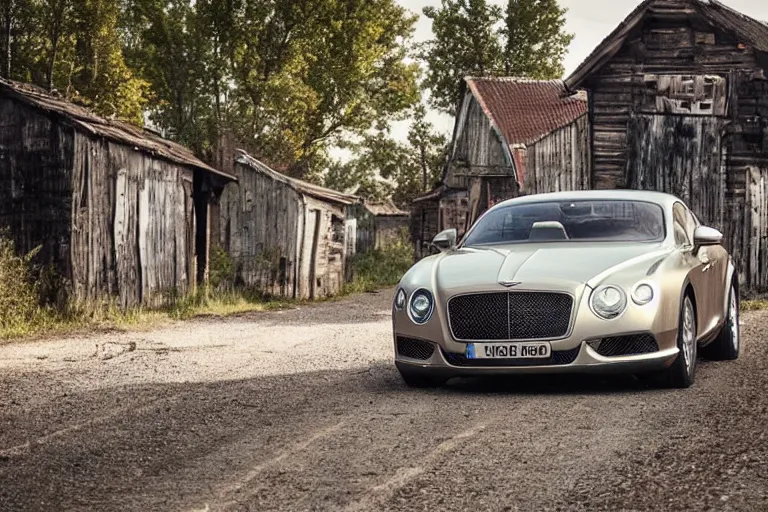 Image similar to modern rusty Bentley Continental GT drives along the road of an old Russian village with houses at the edges