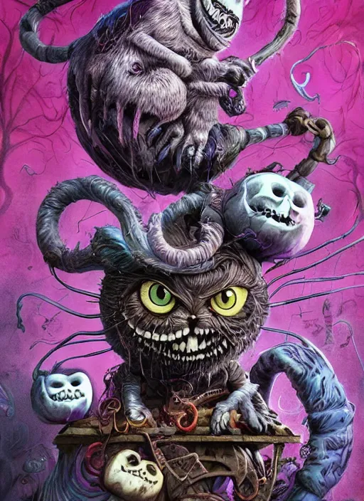 Image similar to cheshire cat, angry, scary, cheeky, welding googles, skull, highly detailed, cinematic, 8 k, by megan duncanson, benjamin lacombe, stanley artgermm, tom bagshaw, craig mullins, carne griffiths, ayami kojima, beksinski, giger, trending on deviantart, hyper detailed, horror, full of colour