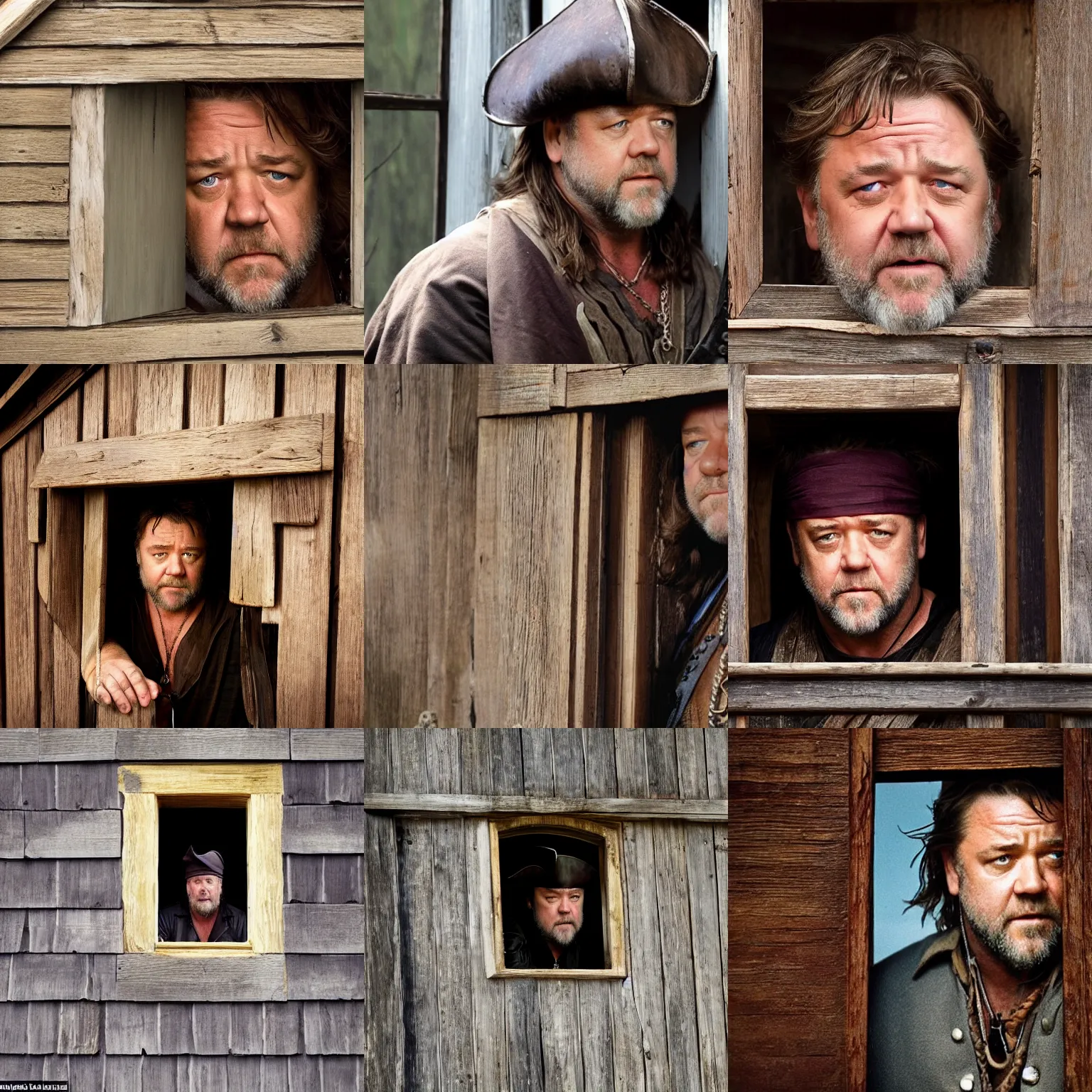 Image similar to russell crowe with large pirate hat peering out concerned down to camera from a small window in a wooden wall