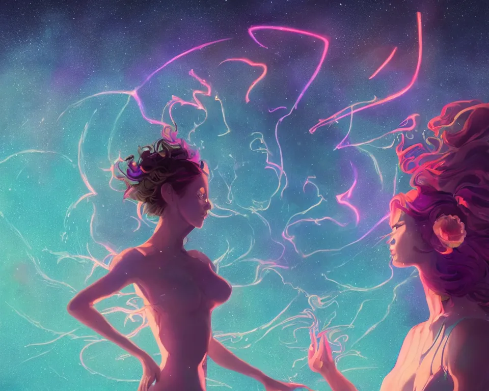 Image similar to beautiful fantastical girl standing in a lake basking in the moonlight, casting a spell, under a multi-colored binary blackhole with an accretion disc, glowing trails following her arms, wearing professional makeup, synthwave, by Lois van Baarle, by Greg Rutkowski, by artgerm, by beeple, by studio ghibli, cinematic angle, volumetric lighting, 4k resolution, octane render, trending on artstation, masterpiece