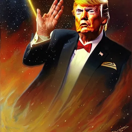 Prompt: a portrait of a donald trump as the enterprise, star trek the next generation, space battle. highly detailed painting by gaston bussiere, craig mullins, j. c. leyendecker, furry