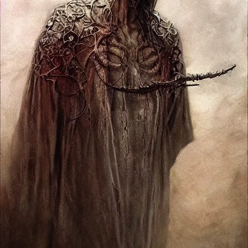 Prompt: Nicolas Cage as god of chaos in a hood dark fantasy, intricate, smooth, artstation, painted by Wayne Barlowe, zdislav beksinski