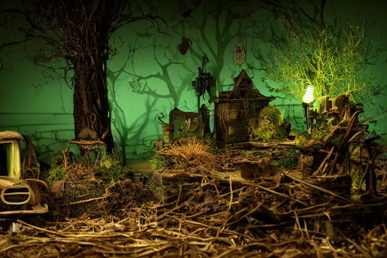 Prompt: diorama of scattered items, spooky, eerie, green lighting, depth of field, walter wick and jean marzollo