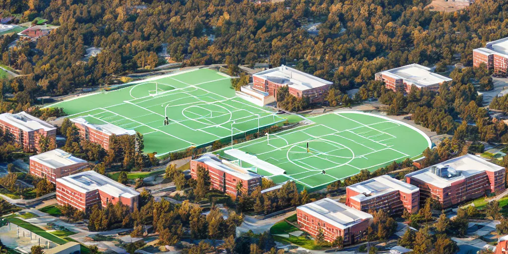 Prompt: aerial view of a high school, rendering style, detailed, toned in the morning sun, with football and basketball courts on campus, students studying in the morning under trees, vibrant buildings