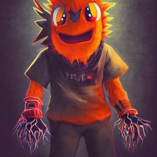 Image similar to scary anime Portrait of horrific Youppi the Habs Montreal Canadiens Mascot as a very dead powerful and violent pokemon, highly detailed anime, high evolution, 1990s, haunted shiny legendary, darkness, smooth, sharp focus, dynamic lighting, intricate, trending on ArtStation, stuff of nightmares, illustration pokemon, art by WLOP