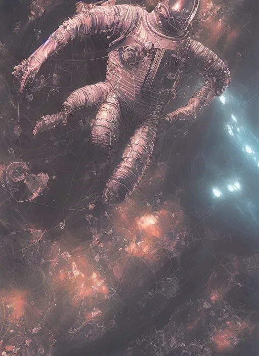 Image similar to astronaut in dark void underwater - complex and hyperdetailed technical suit design. reflection and dispersion materials. rays and dispersion of light. volumetric light. f / 3 2. noise film photo. flash photography. ultra realistic, 5 0 mm. poster by wayne barlowe, hajime sorayama aaron horkey, craig mullins