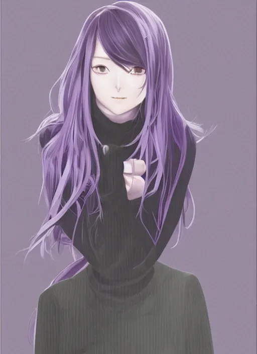 Image similar to illustration by shigenori soejima, by tatsuki fujimoto, by yoji shinakawa, girl, middle - parted long straight light purple hair, grey turtleneck coat, forest background, focus on face, pretty, moody lighting, painterly