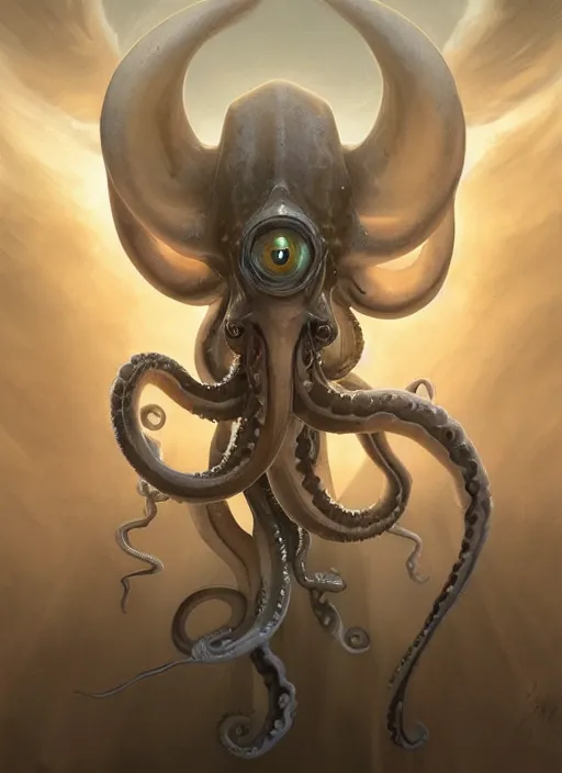 Prompt: a holy cephalopod with long powerful tentacles and a single large eye, with broad angelic wings wearing long white robe, highly detailed, digital painting, artstation, concept art, matte, sharp focus, illustration, dramatic, sunset,hearthstone, art by Artgerm and Greg Rutkowski and Alphonse Mucha