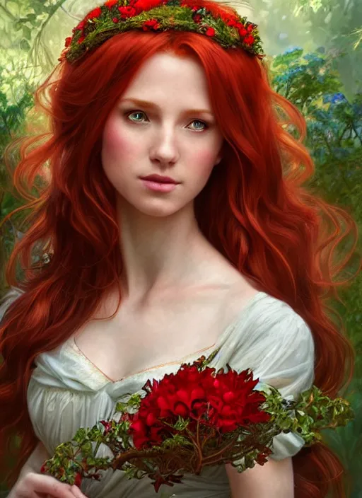 Prompt: a beautiful red haired woman as a fairy princess in a garden holding a wreath, deep focus, d & d, fantasy, intricate, elegant, highly detailed, digital painting, artstation, concept art, matte, sharp focus, illustration, hearthstone, art by artgerm and greg rutkowski and alphonse mucha