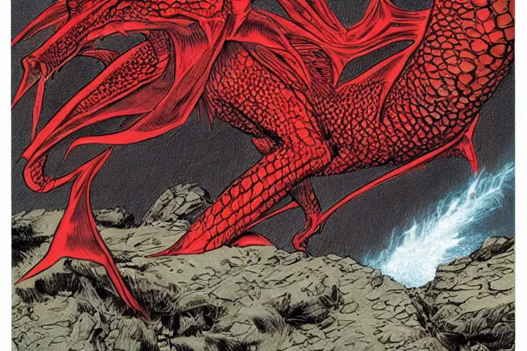 Image similar to red scaled dragon facing camera by larry elmore and vincent di fate