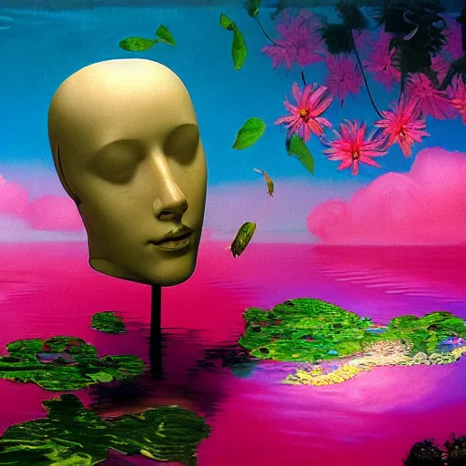 Image similar to a surreal vaporwave vaporwave vaporwave vaporwave vaporwave painting by Thomas Cole of an old pink mannequin head with flowers growing out, sinking underwater, highly detailed