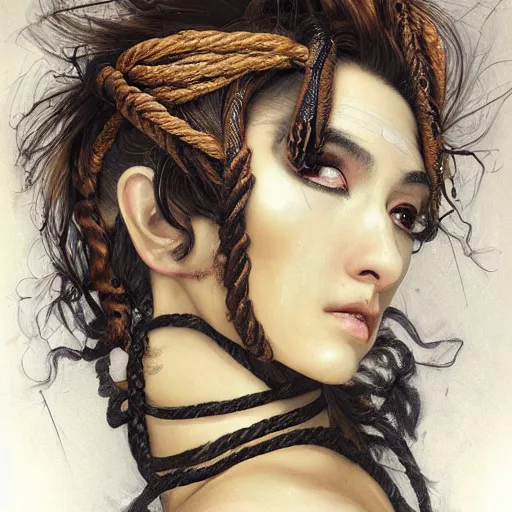 Prompt: portrait of a Shibari rope wrapped face and neck, headshot, insanely nice professional hair style, dramatic hair color, digital painting, of a old 15th century, roman gladiator, amber jewels, baroque, ornate clothing, scifi, realistic, hyperdetailed, chiaroscuro, concept art, art by Franz Hals and Jon Foster and Ayami Kojima and Amano and Karol Bak,