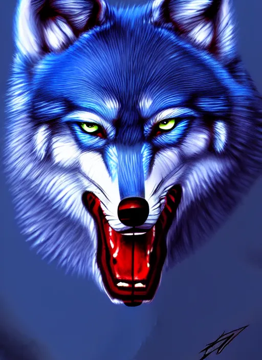 Image similar to blue wolf, red eyes highly detailed, deep focus, digital painting, smooth, sharp focus, anime art style, trending on artstation, 4 k