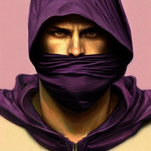 Image similar to ultra realistic illustration, man in a black hood, in a striped purple balaclava, mysterious, highly detailed, digital painting, artstation, concept art, smooth, sharp focus, illustration, art by artgerm and greg rutkowski and alphonse mucha