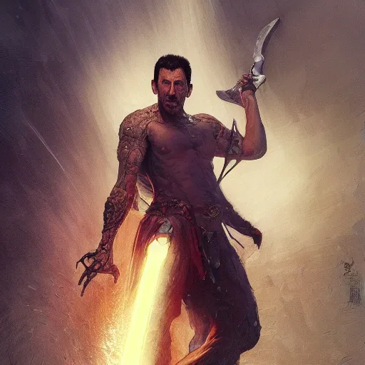 Image similar to portait of a adam sandler swinging his long sword, front game card, drark, marvel comics, dark, intricate, highly detailed, smooth, artstation, digital illustration by ruan jia and mandy jurgens and artgerm and wayne barlowe and greg rutkowski and zdislav beksinski