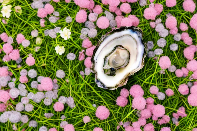 Prompt: a romantic dlsr photoportrait of an oyster in the field of flowers. pastel colors, blurred background. sharp focus on the oyster, 5 0 mm lens, professional light, aerial shot from the drone