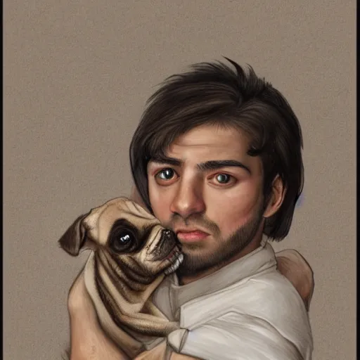 Image similar to self portrait, young white hispanic handsome man with short light brown hair and light skin and a 5 o clock shadow, holding a pug for a picture, fighting against 2 swordsmen pencil art, added detail, high definiton, colored, backfacing, illustrated by raphael