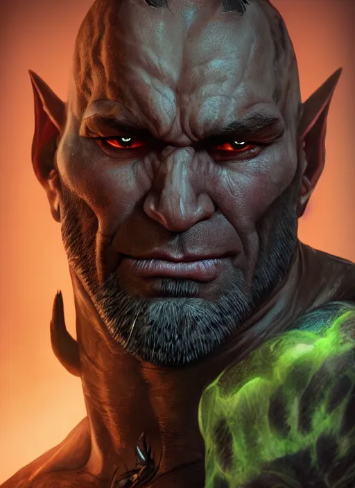 Prompt: A fantasy comic book style portrait painting of Dave Bautista as a grim orc warrior, unreal 5, DAZ, hyperrealistic, octane render, RPG portrait, dynamic lighting