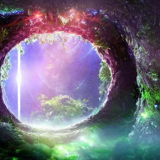 Prompt: stargate portal full of water bursting to another dimension inside a beautiful tree in a densely overgrown jungle, fantasy, dreamlike sunrise volumetric lighting, ultra realistic, atmospheric, stopped in time, epic