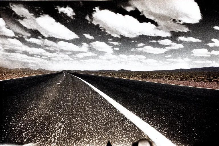 Prompt: Extreme long shot of a biker driving down a stretch of desert road, apocalyptic skies, somber atmosphere, foreboding clouds, billowing dust swirls, ARRIFLEX 35 BL2 Camera, Eastman Color Negative 400T 5294 Film, Todd-AO 35, by David Lynch