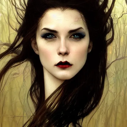 Image similar to portrait of a menacing beautiful vampire, head only, headshot, detailed and clear eyes and mouth, black hair by Stanley Artgerm Lau , greg rutkowski, thomas kindkade, alphonse mucha, loish, norman rockwell, J. C. Leyendecker. hair waving in the wind, pale skin, sinister complexion, thorn crown, image bordered by thorns, thorn background. D&D, fantasy. Trending on artstation rule of thirds extremely detailed illustration hd 4k