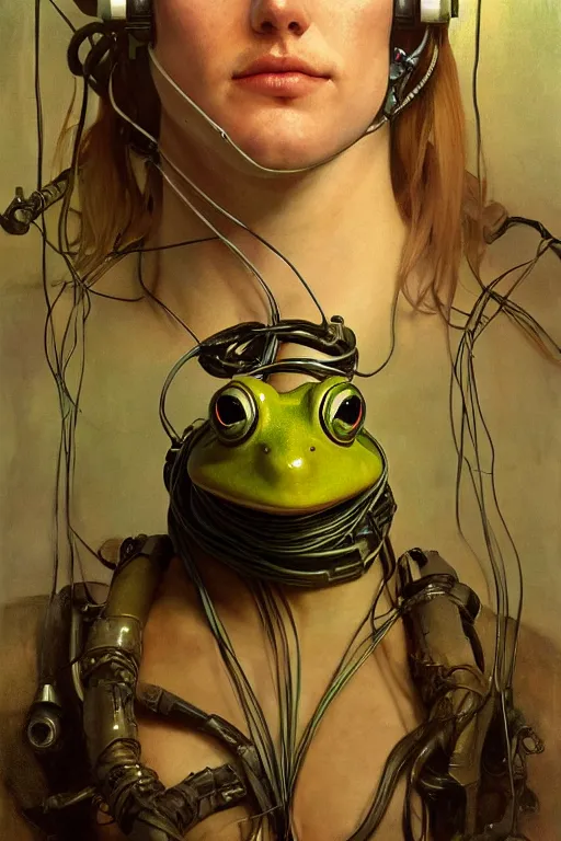 Image similar to hyperrealist portrait of a human with frog head dressed as a spaceship pilot, it is decorated with long wires that fall like vines and wears small computers over their body. by jeremy mann and alphonse mucha, fantasy art, photo realistic, dynamic lighting, artstation, poster, volumetric lighting, very detailed faces, 4 k, award winning