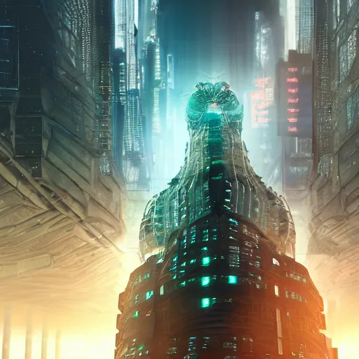 Image similar to a giant terrifying cyber shrimp destroying a dystopian city, cyberpunk, dystopian, god, evil, villain, sharp focus, dynamic lights, still, photograph, hyper realistic, masterpiece, octane render, rendered, 3 d, cinematic, cinematic lighting, dramatic lighting, highly detailed, intricate details, texture, cinematic composition, by donglu yu and kevin jick and eddie del rio