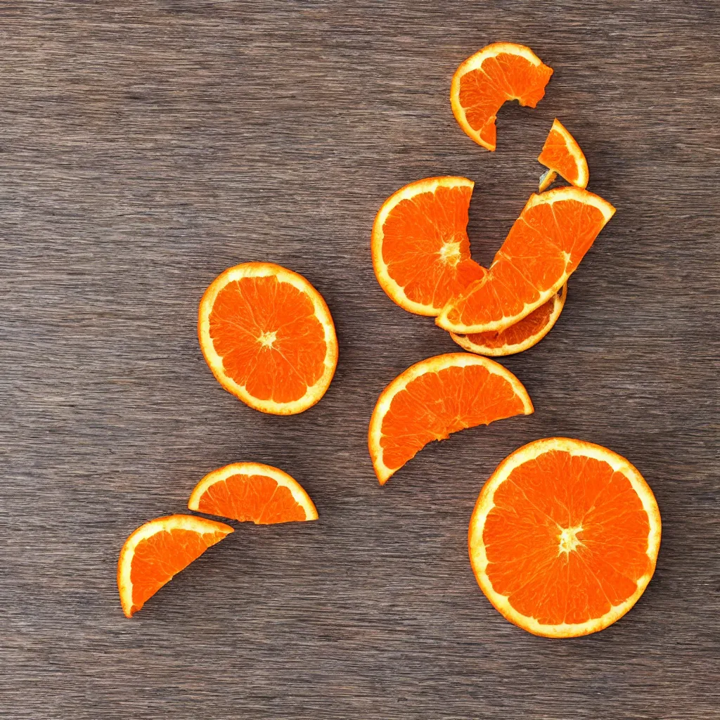 Image similar to top-down view with orange slice on top of a wooden table, 4k, photorealistic