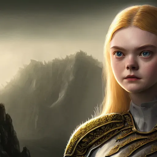 Image similar to front centered symmetrical portrait, Elle Fanning as a D&D paladin, dramatic lighting, cinematic, establishing shot, high detail, photo realistic, cinematic lighting, post processed, 8k, concept art, artstation, matte painting, in the style of eddie mendoza, raphael lacoste, alex ross