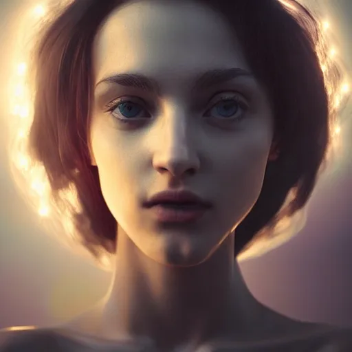 Image similar to closeup portrait art of female angel, art by alessio albi 8 k ultra realistic, angel wings, lens flare, atmosphere, glow, detailed, intricate, full of colour, led lighting, trending on artstation, 4 k, hyperrealistic, focused, extreme details, unreal engine 5, masterpiece