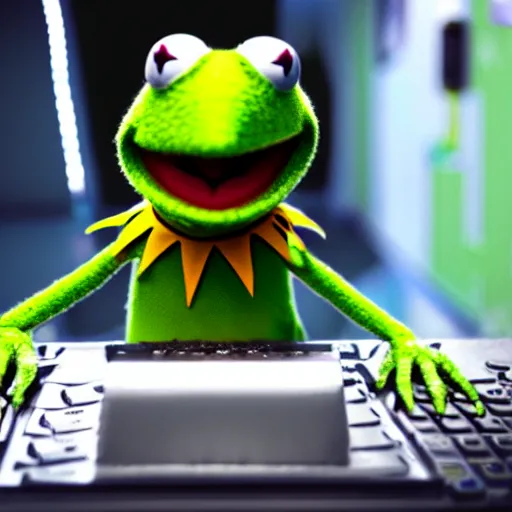Prompt: Kermit the frog as a computer hacker, wearing a hoodie in a dim data center over a computer screen glowing, cyberpunk unreal 4k muppet digital art
