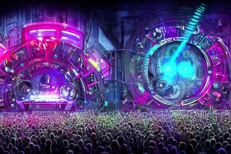 Image similar to an outdoor festival stage with audience, neon letters tripmachine, center of the stage is a big futuristic steampunk generator with gears and belts and tubes, surrounded by big cyberpunk loudspeakers, rock musicians on the stage, laser show, 8 k, fluorescent colors, halluzinogenic, multicolored, exaggerated detailed, unreal engine