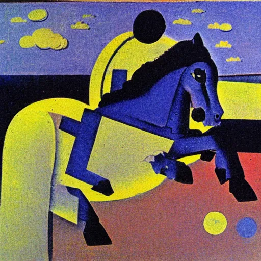 Image similar to horse flying over an austronaut that stays on the ground. by kazimir malevich