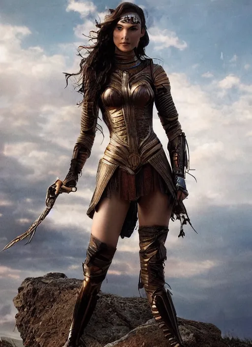 Image similar to highly detailed steampunk armor on gal gadot posing while standing on a rock : leonardo da vinci, greg rutkowski, magali villeneuve