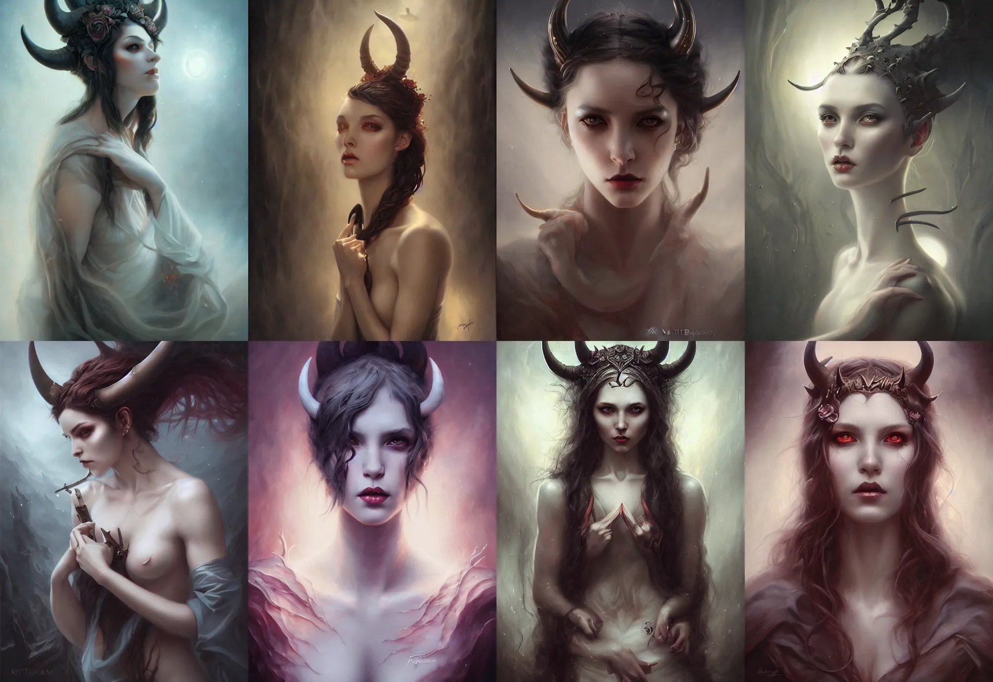 Image similar to a hauntingly beautiful woman with horns, painted by artgerm and tom bagshaw, fantasy art, dramatic lighting, highly detailed oil painting