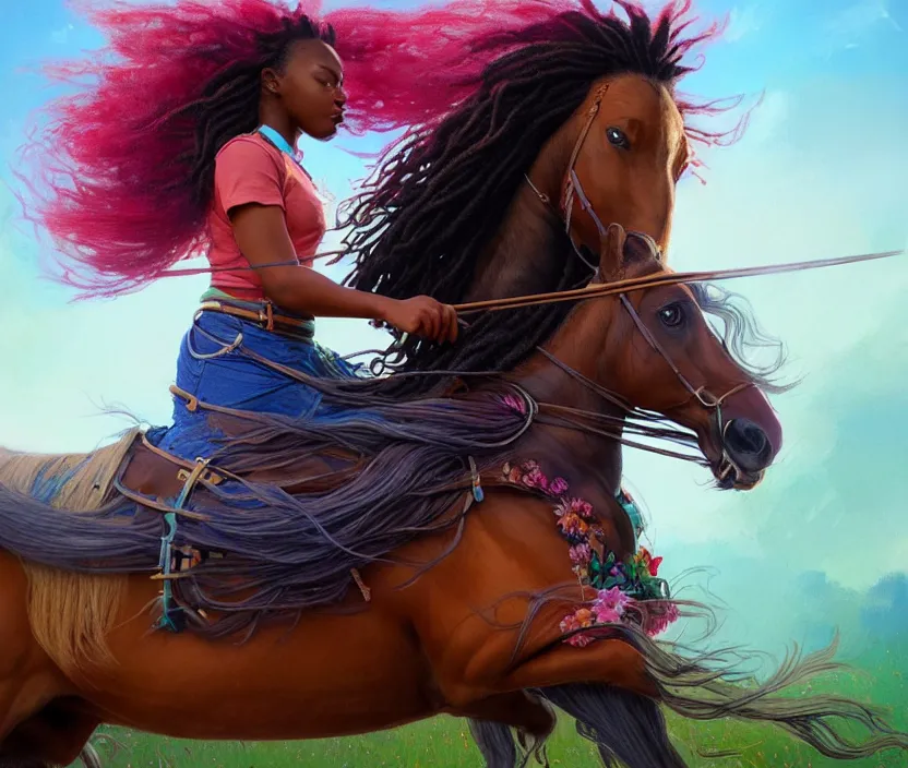 Image similar to full body portrait of young black woman riding a horse, flowing dreads, beautiful clydesdale, field of colorful flowers, highly detailed, digital painting, artstation, concept art, smooth, sharp focus, illustration, face by wlop, illustrated by mars ravelo and greg rutkowski