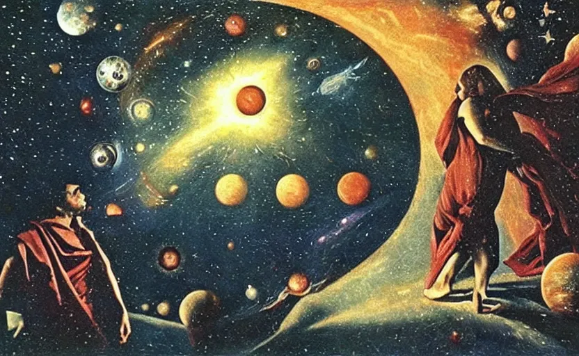 Image similar to scene from cosmologica ( 1 9 6 9 ), a movie by luchino visconti showing a man played by mastroianni leaving the medieval cosmos to enter the new modern universe in the style of renaissance cosmological painting. blue sky with a lot of stars and planets. cinematic, technicolor, direct lighting, highly detailed, highly intricate.