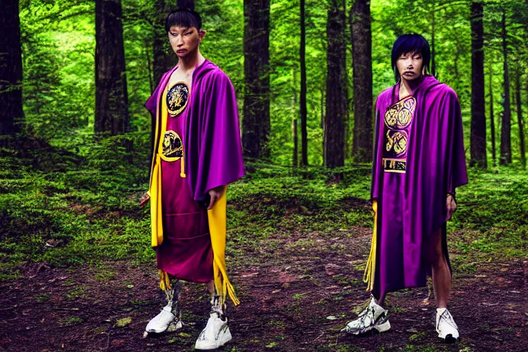 Prompt: versace avant garde male roman toga himation cloak intricate textiles streetwear cyberpunk asian american in the woods overcast late evening dramatic professional color 8 k hdr