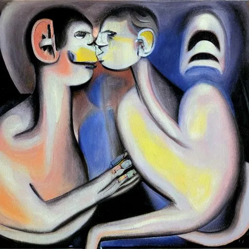 Prompt: Oil painting by Roberto Matta. Two mechanical gods kissing. Oil painting by Marlene Dumas.