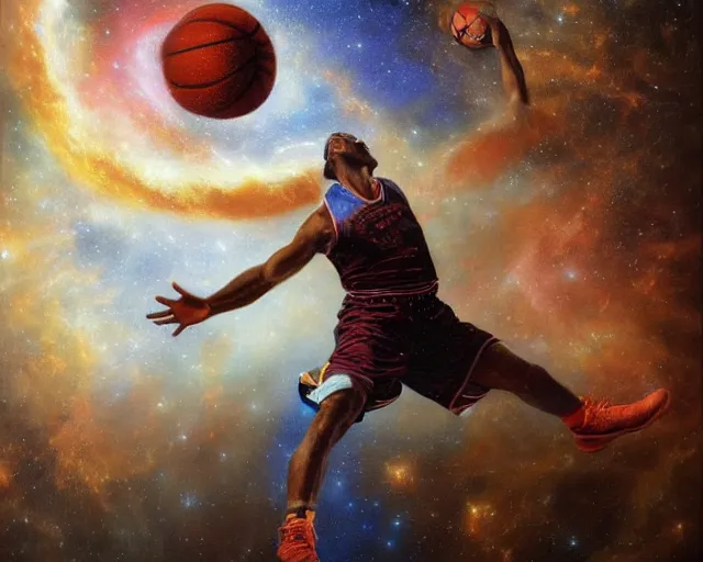 Image similar to cosmic basketball player dunking a basketball hoop in a nebula, an oil painting, by ( leonardo da vinci ) and greg rutkowski and rafal olbinski ross tran airbrush time magazine